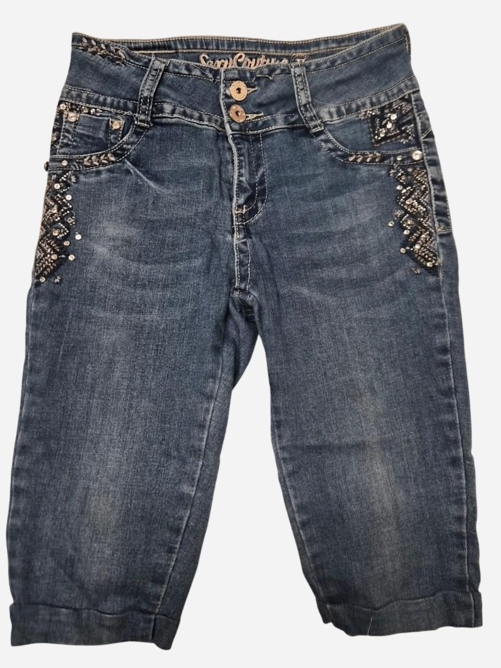 Sexy Couture Embellished Dark Blue Denim Capris